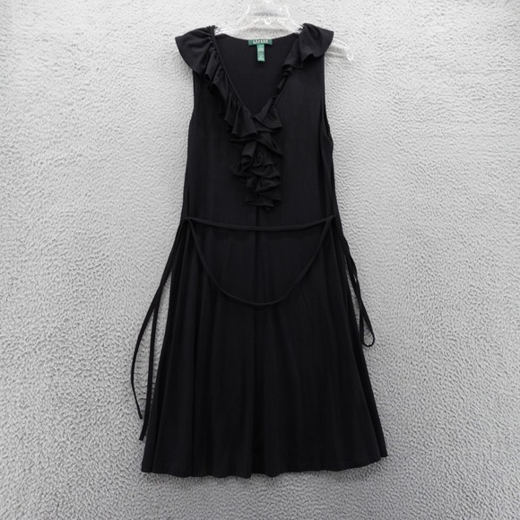 Ralph Lauren Ruffle Front Sleeveless Midi Dress Large Black‎ Women Modal Knit - Picture 1 of 11